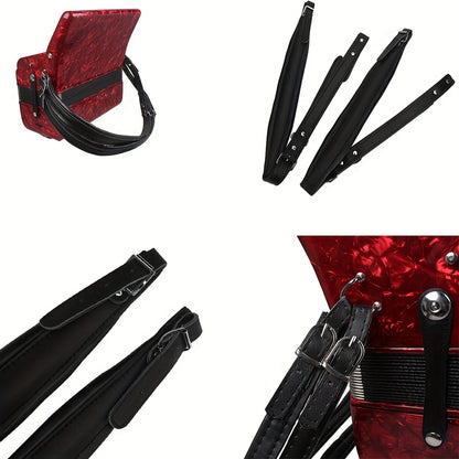 Adjustable accordion strap for 16-120 bass accordions made of durable faux leather with thick padding and secure buckle closure. Sleek glossy finish with high-quality material.