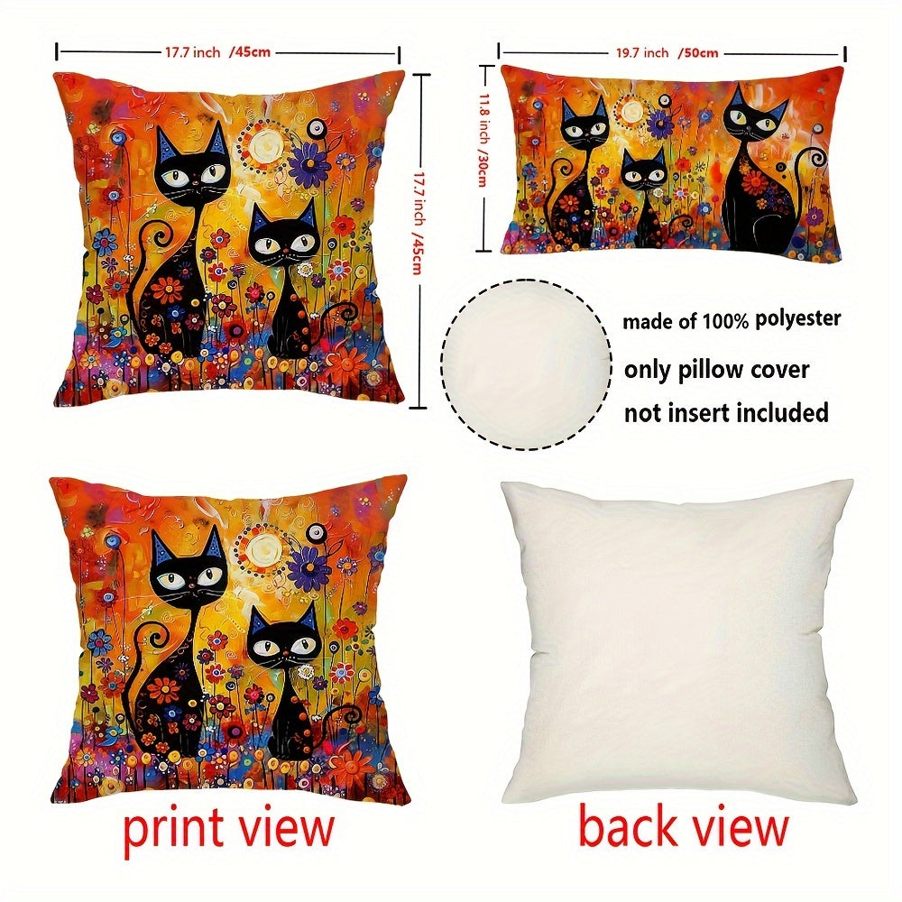 Folk art style black cat throw pillow cover with sun and flowers design. Made of 100% polyester, hand wash only. Features zipper closure, suitable for couch, sofa, living room, bedroom. Available in two sizes: 29.97cm X 50.04cm and 44.96cm X 44.96cm.