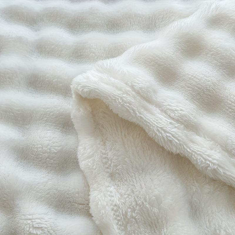 Soft Bubble Fleece Blanket - 1 piece, All-Season, Contemporary Style, Machine Washable, Solid White Color, Made of Polyester, Knitted, Water Washed, 200-250gsm Weight, Versatile for Bed, Sofa, Bedroom, Travel, and Camping Use