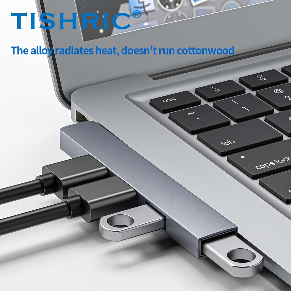 Док-станция TISHRIC на 4 порта USB 3.0 с боковым разъемом USB Type-C, расширитель для ноутбука с электронными компонентами и дизайном из радиационного сплава.