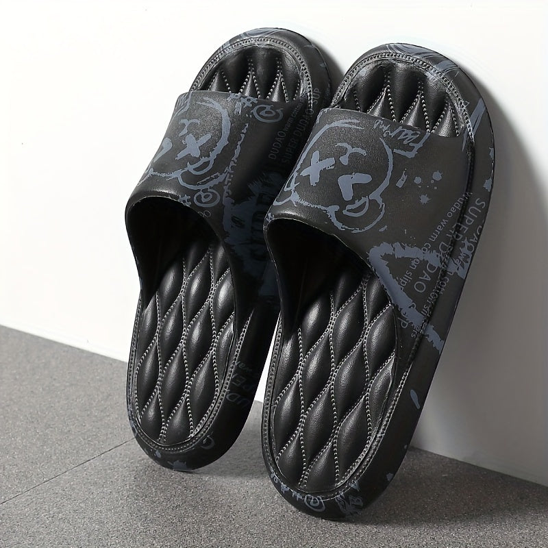 These are large size men's summer sandals that can be worn indoors and outdoors, featuring a non-slip thick sole with cartoon designs.