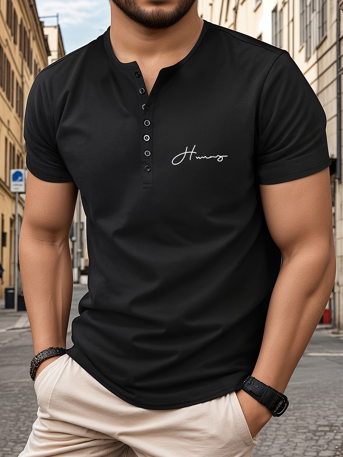 Men's athletic V-neck Henley t-shirt with trendy letter print for spring and summer fitness.