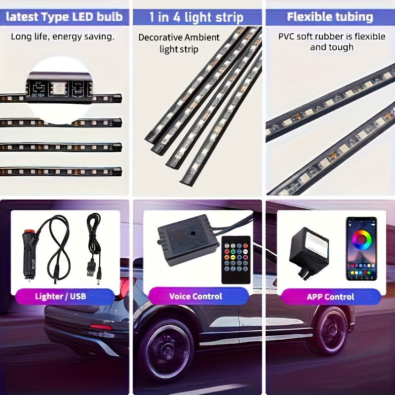 Car LED foot light strip with music voice control, app control, and RGB decorative lighting.