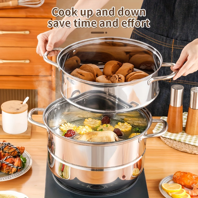 This versatile stainless steel steamer set includes a three-layer design with 1 soup pot, 1 steamer, 2 steamer plates, and 1 pot lid. With a deep capacity and multifunctional capabilities, this cooking pot can steam, boil, stew, and make soup with ease.