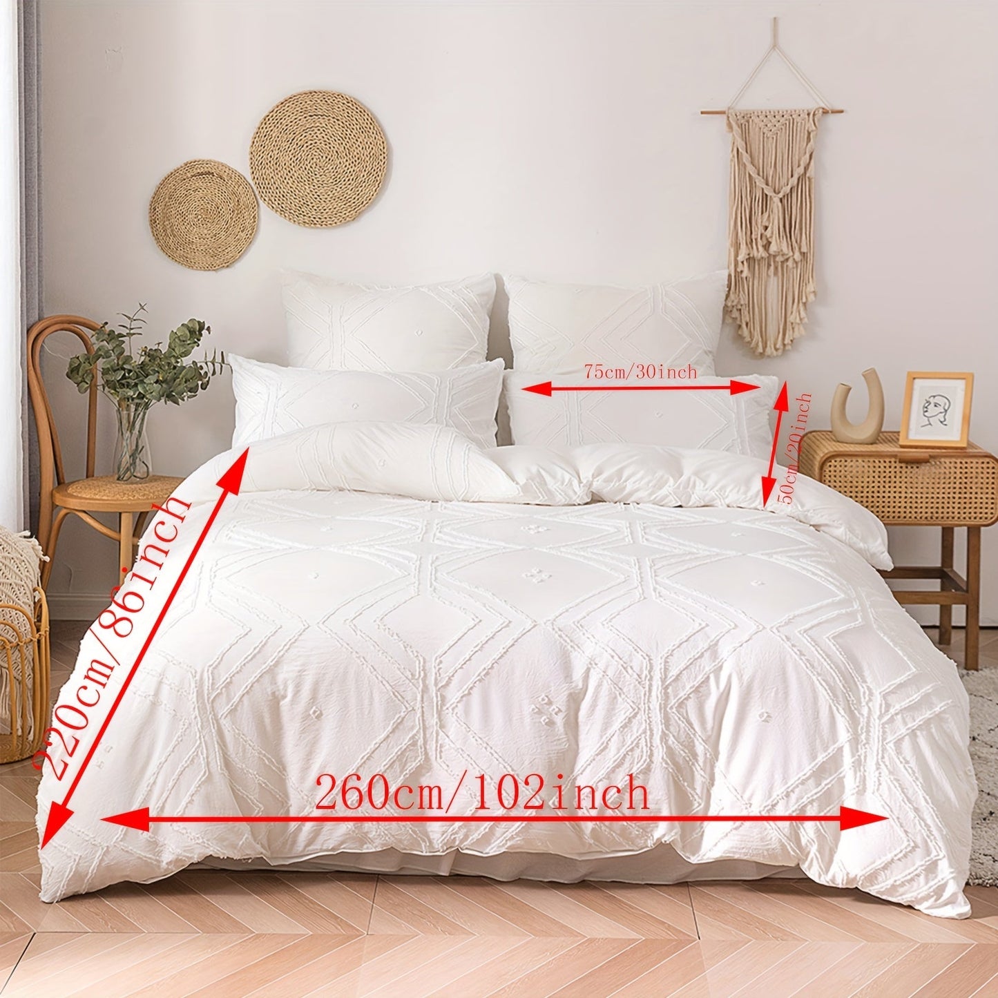 Boho Tufted Duvet Cover Set 1 ta Duvet Cover va 1 yoki 2 ta Yostiq qopqog'ini o'z ichiga oladi (Yadro kiritilmagan). Geometrik Tekstura dizayni va Zipper yopilishi bilan ta'minlangan, bu Yumshoq va Yengil to'shak to'plami barcha fasllar uchun mukammaldir.