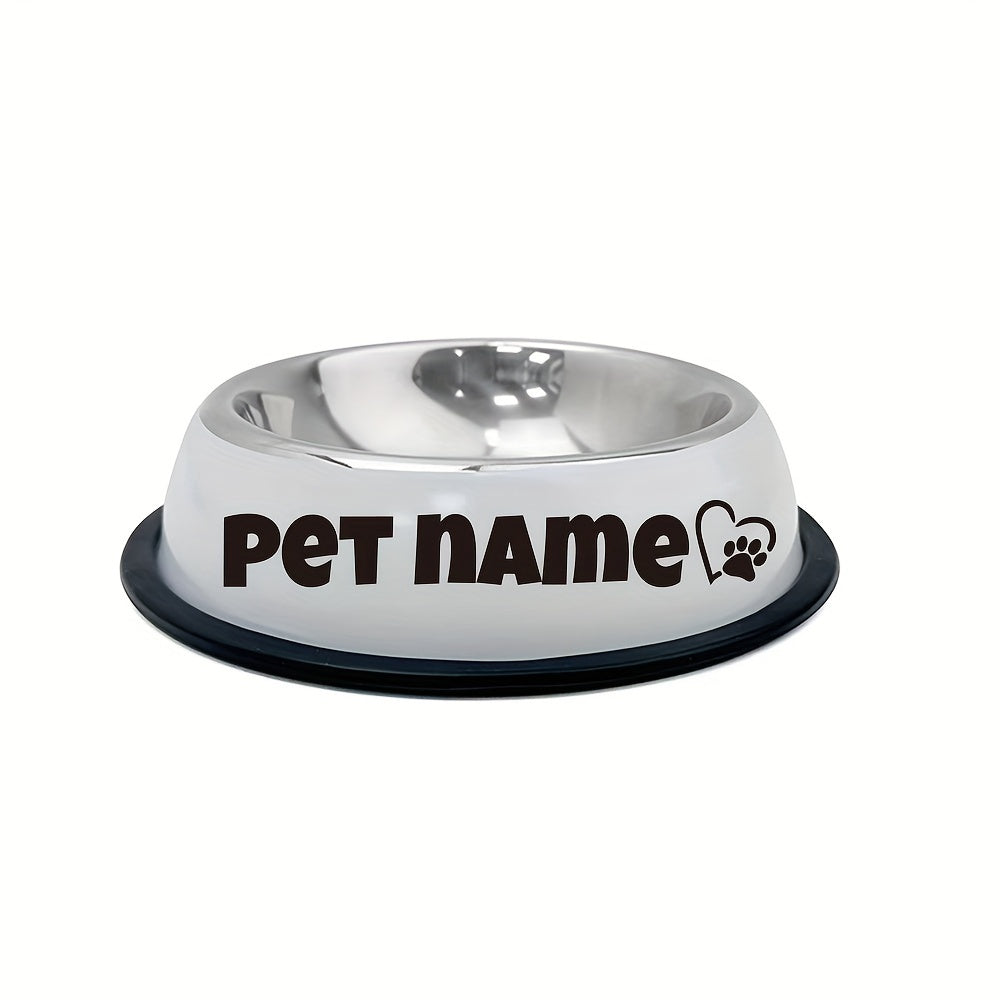 Custom stainless steel dog bowl with non-slip base for small, medium, and large dogs. Personalize with pet's name for food and water.