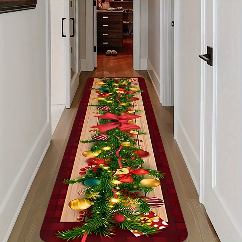 Get into the holiday spirit with this Christmas-themed runner rug featuring a festive tree, ornaments, and bow design. Made from low pile, tufted polyester, this machine washable rug is also non-slip and stain resistant, making it perfect for hallways