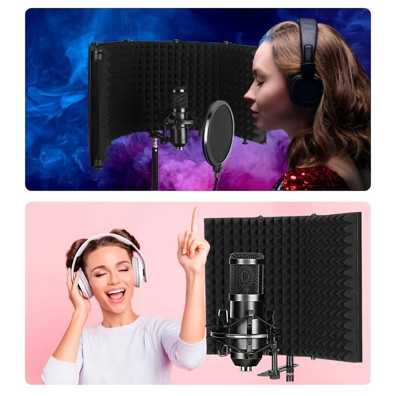 Portable singing recording studio with windproof, sound-absorbing, and noise-canceling features. Includes a professional microphone cover and folding soundproof screen. Perfect for Eid