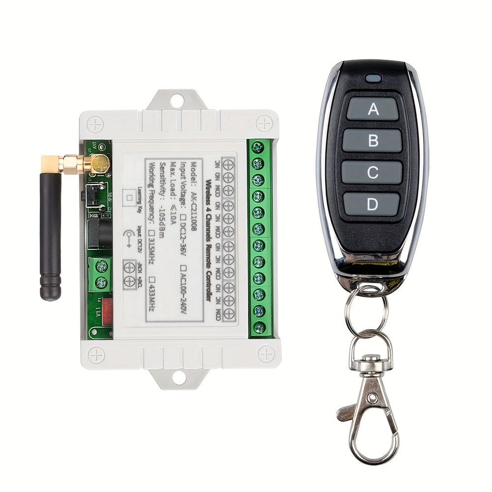 4-channel wireless remote control with RF receiver for switches, features metal transmitter for home and office use, operates on 433MHz frequency and supports 10A, 12V-36V DC input.