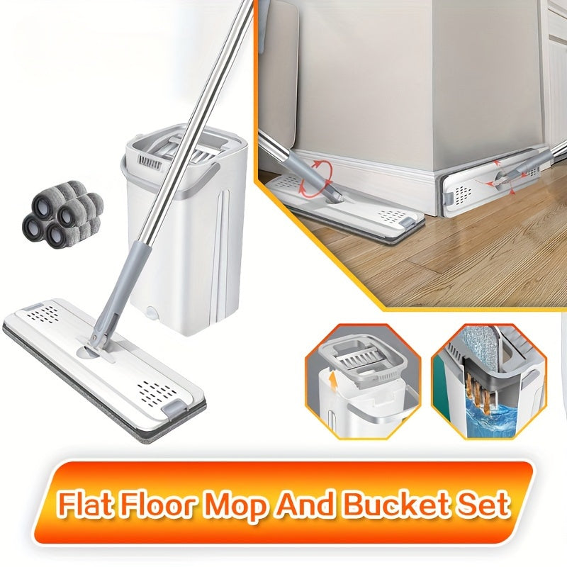 Large mop bucket set with 4 thickened mop cloths, perfect for lazy home use. Can be used for both dry and wet mopping.