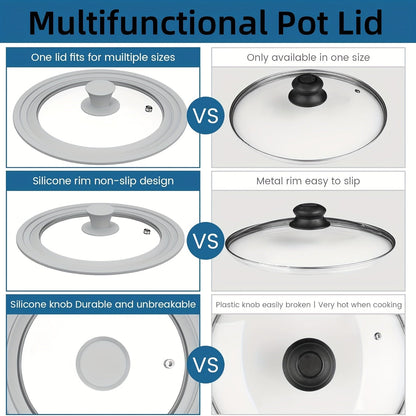 Надежная крышка для сковороды с силиконовым ободом и стеклянной верхней частью - совместима с различной посудой - подходит для кастрюль, сковород и чугунной посуды - можно безопасно мыть в посудомоечной машине - многофункциональный кухонный инструмент