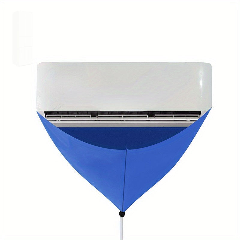 Reusable, self-adhesive protective bag for AC maintenance and washing with water pipe, designed for wall-mounted air conditioners. Blue cover is waterproof and easy to clean.