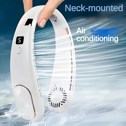 Portable Neck Fan with Digital Display, USB Rechargeable Mini Fan, Quiet Operation, Adjustable Speed, Made of Plastic, Suitable for Indoor & Outdoor Use, Perfect for Students and as Christmas Birthday Gifts, Leafless Design for Large Wind Output