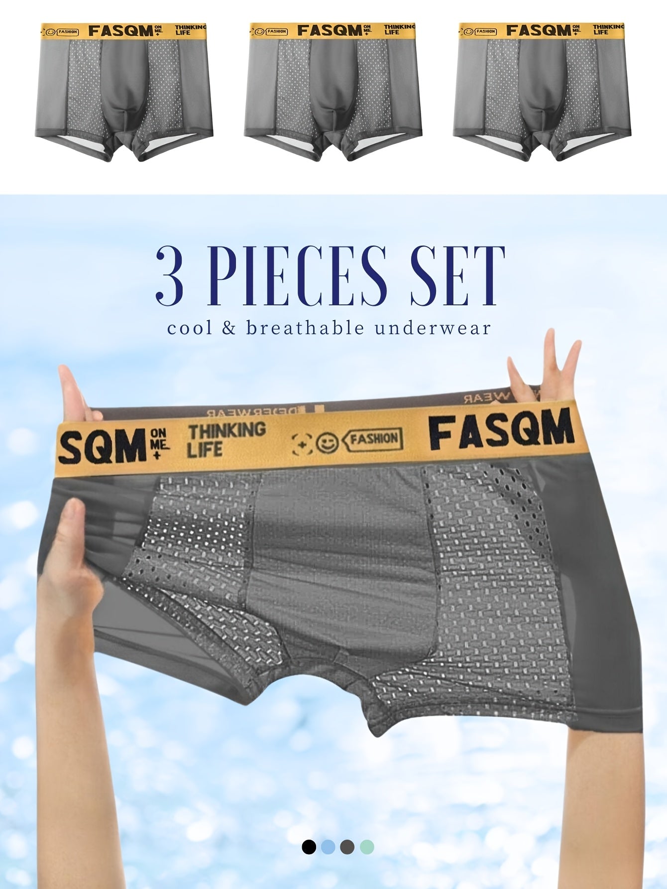 Multicolor men's ice charm boxers briefs with mesh patch, stretchy trunks, plain color sky blue, black, and deep gray with contrast color waistband print.