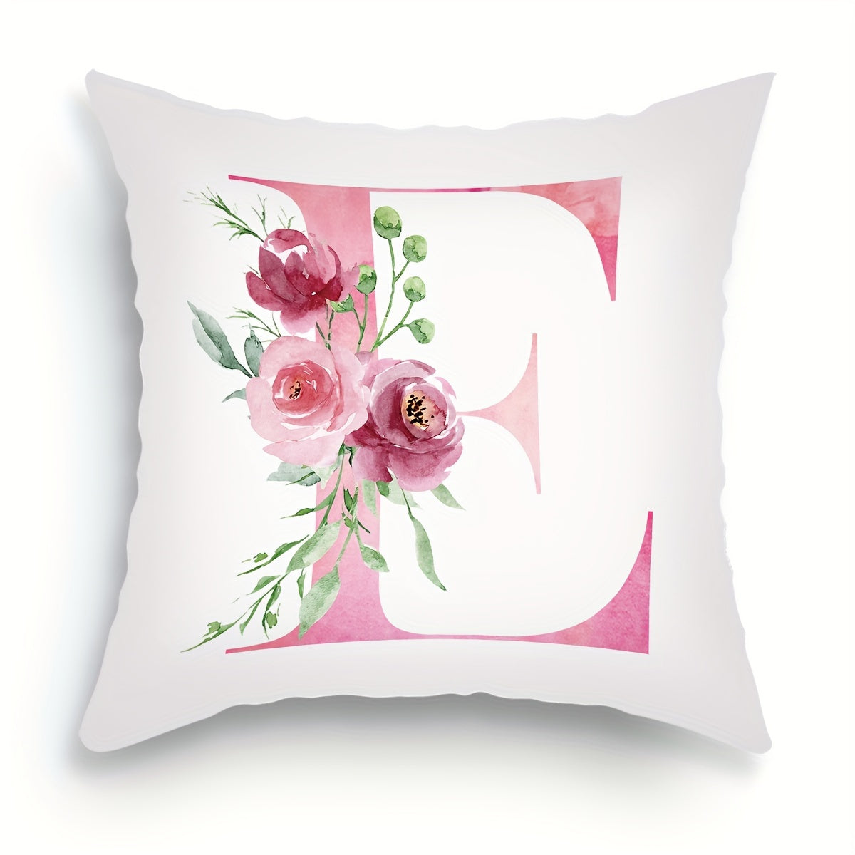 18x18 inch Alphabet Floral Pillow Cover featuring A to Z English Letters in pink print. Ideal for adding a contemporary touch to sofa, living room, or bedroom decor. Single-sided printing, insert not included.