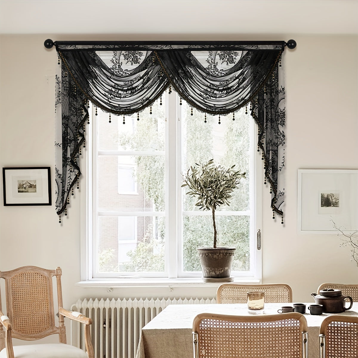 This European style wave curtain features a beautiful black lace valance with a flower pattern. The short curtain is designed with a rod pocket, making it suitable for windows and doors. Add a touch of elegance to your living room with this decorative