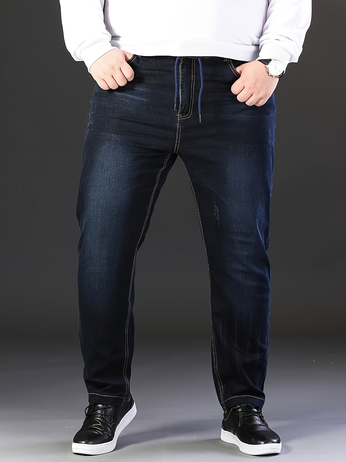 Stretchy ribbed elastic waist jeans for men, perfect for business casual wear. Plus size available.