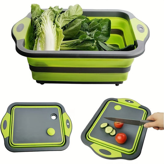 1 piece of a collapsible cutting board with a built-in colander, this multifunctional silicone folding chopping board also doubles as a dish tub basin and food strainer storage basket. Perfect for draining and washing vegetables and fruits in the kitchen