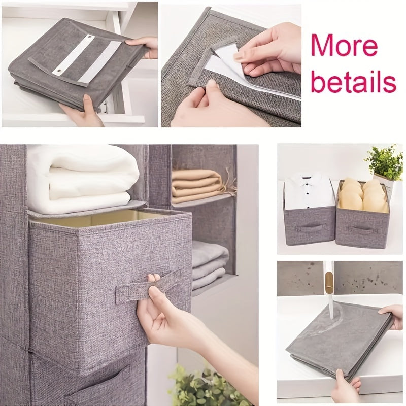 This durable gray storage solution is a 4-tier foldable hanging clothes organizer with sturdy handles. It is ideal for wardrobes and bedrooms, perfect for storing clothing, blankets, and quilts. The space-saving design makes it a convenient addition to