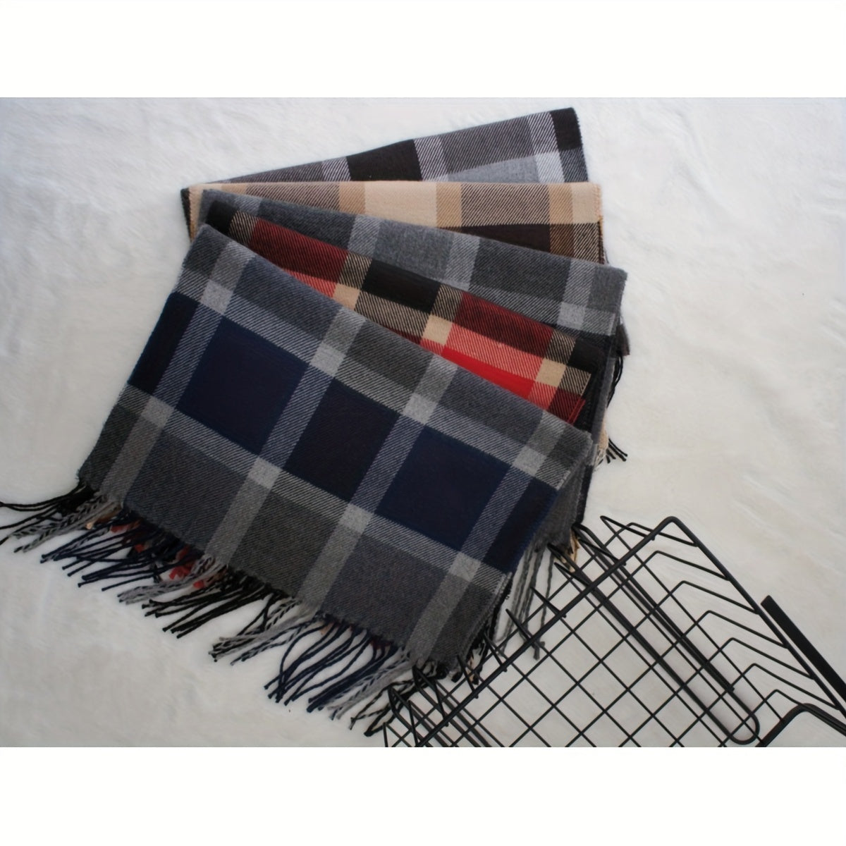 A cozy British-inspired winter shawl for both men and women, featuring multicolored stripes, checkered pattern, imitation cashmere material, fringe accents, and a warm woolen scarf.