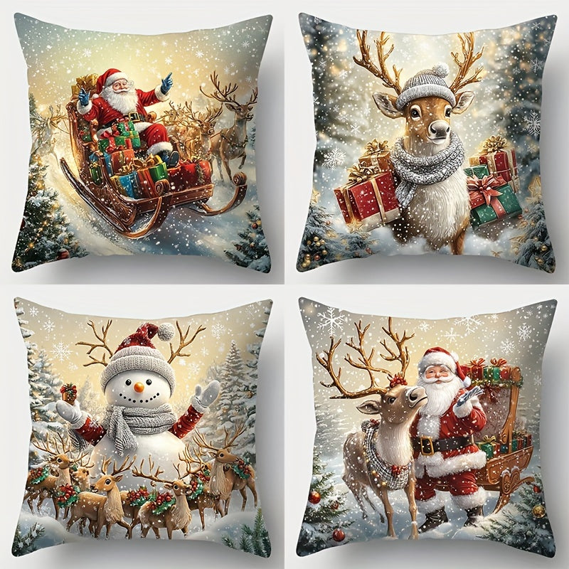 4 festive pillow cases featuring Santa Claus, Snowman, and Reindeer prints. Made of polyester, zippered, and machine washable. Perfect for home decor in the living room. Dimensions are 45.01 x 45.01 cm.