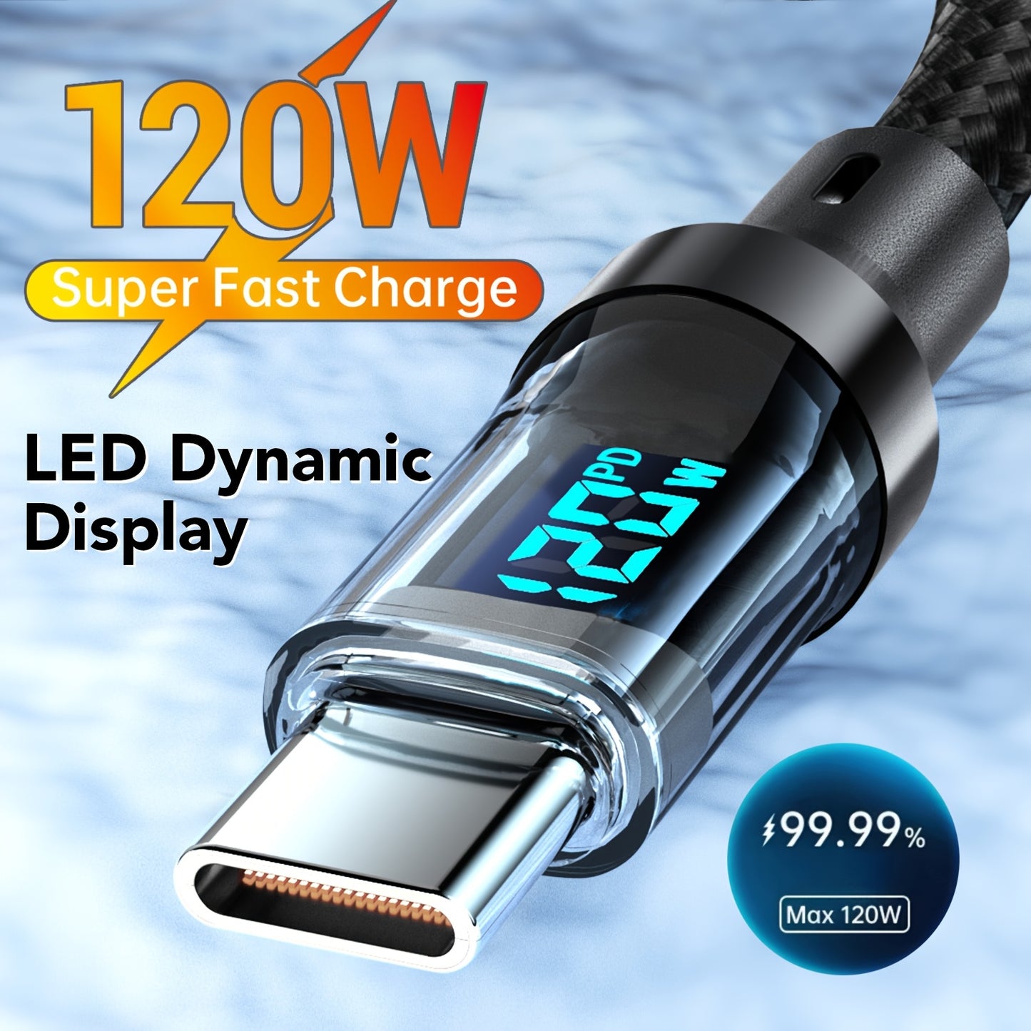 120W 6A Rapid USB Type C Charging Cable with LED Display for Fast and Safe Device Charging.