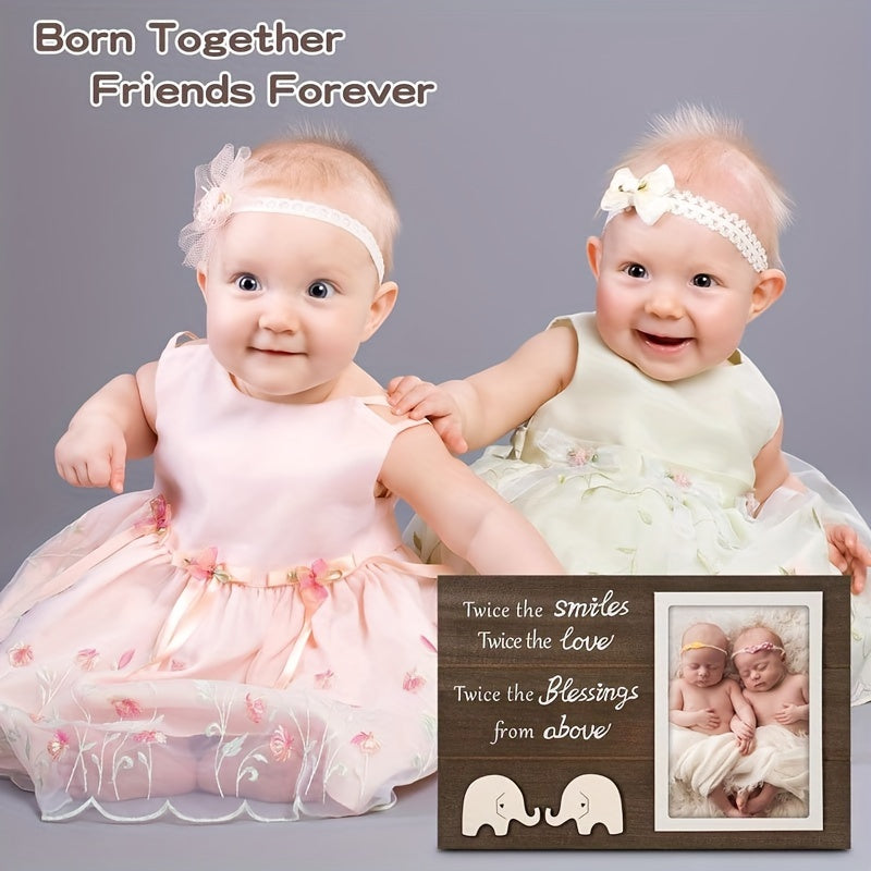 Wooden Twin Photo Frame with Elephant Design - Capture Double the Joy, Double the Love, Double the Blessings - Rectangular Picture Frame for Cherished Twins Forever Keepsake