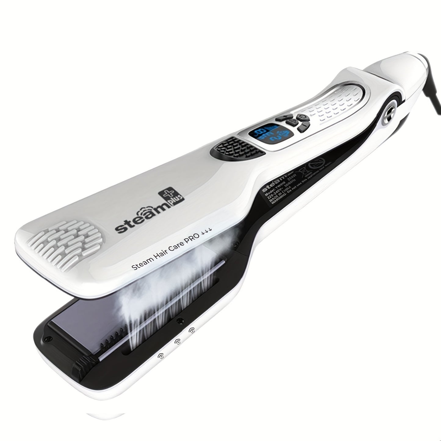 Professional steam flat iron for hair that functions as both a straightener and curler with ceramic plates, ionic technology, dual voltage, and adjustable temperature.