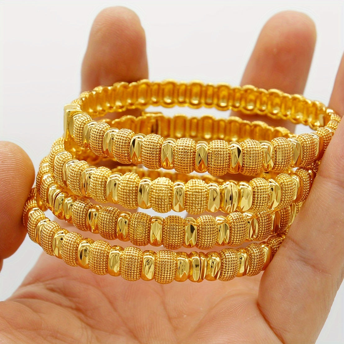 Set of 4 Luxe Gold-Plated Copper Bangles - Timeless Stacking Style for Women, Ideal for Everyday Wear & Gifts