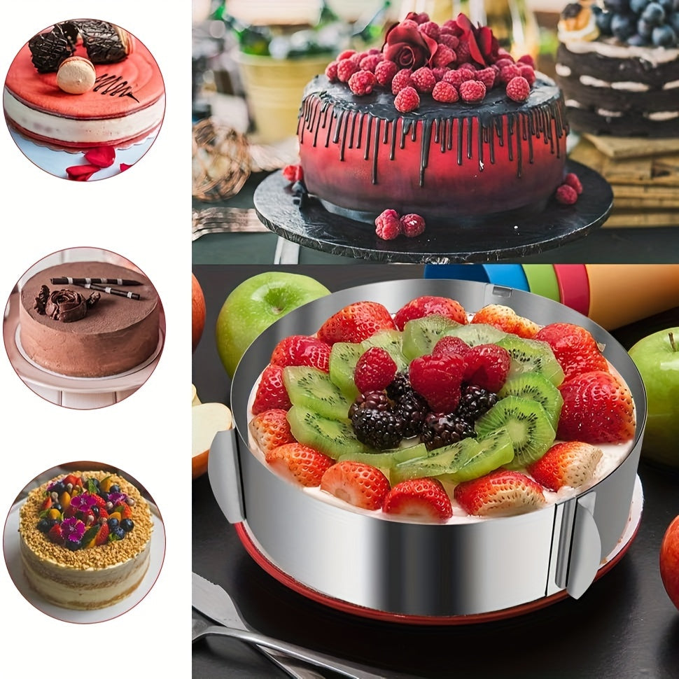 Versatile Cake Mold Ring Set made of Stainless Steel, with Adjustable Size Range of 6 to 30.48 cm, Ideal for Baking Round Mousse Cakes. Perfect for DIY Pastry Projects, Features Easy Release and Cleaning Design