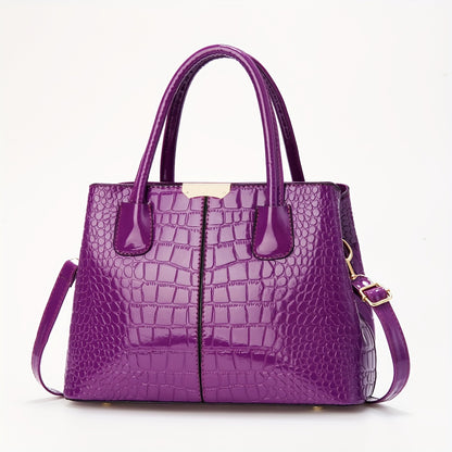 A glossy crocodile pattern handbag perfect for Mother's Day, Easter gatherings, and elegant commuting, with a large capacity and simple design.