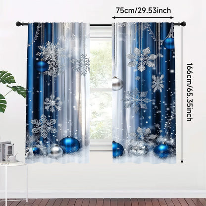 Christmas Blue Festive Curtains Set includes 2 pieces - Featuring Rod Pocket Design and Digital Printed Polyester Drapes perfect for Living Room, Kitchen, and Dining Decor (Rod Not Included)