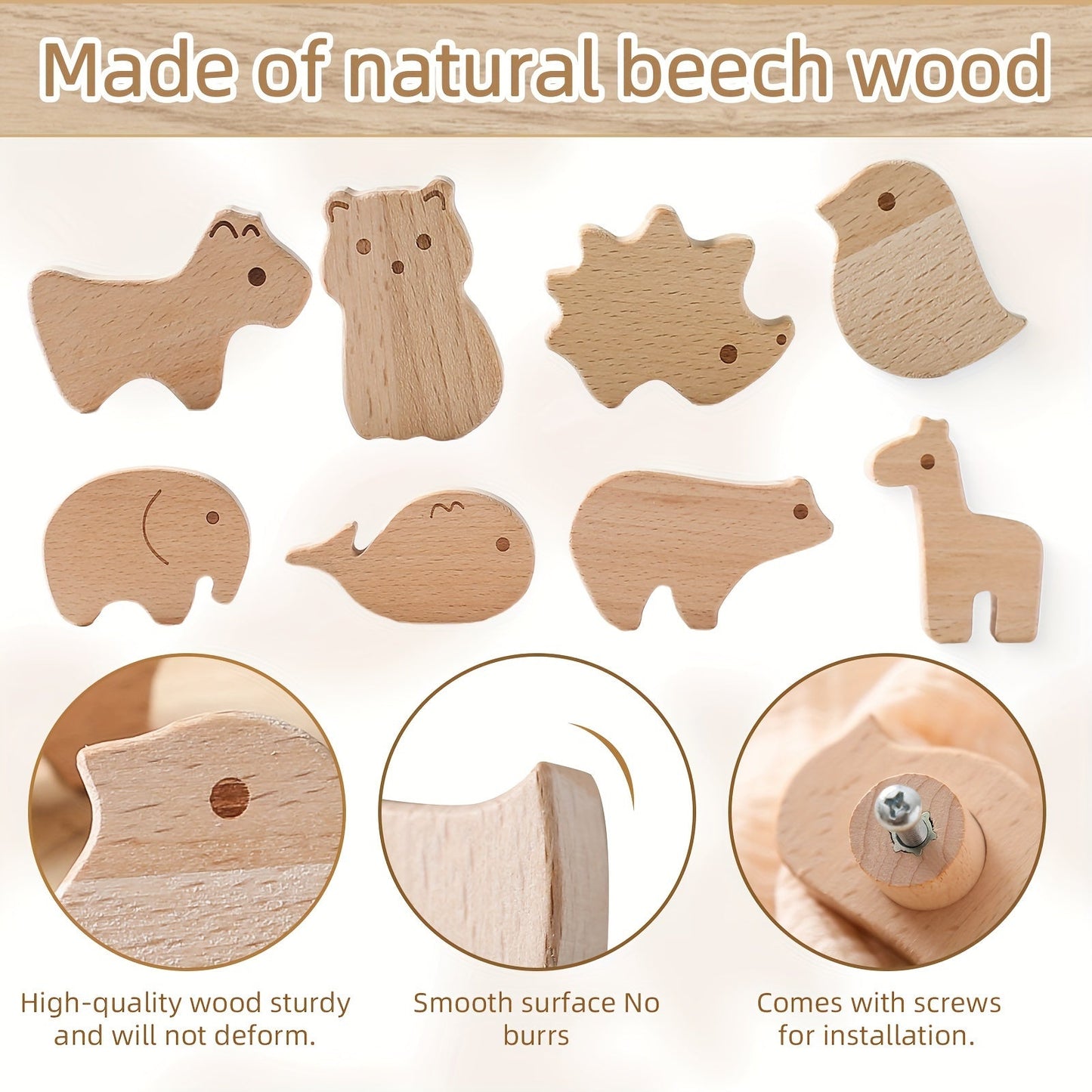 Drawer knobs shaped like wooden animals, perfect for furniture, closets, and cabinets. These nail-free hooks make for easy installation in your bedroom closet or sub-drawer. Great as a Christmas, Halloween, or birthday gift.