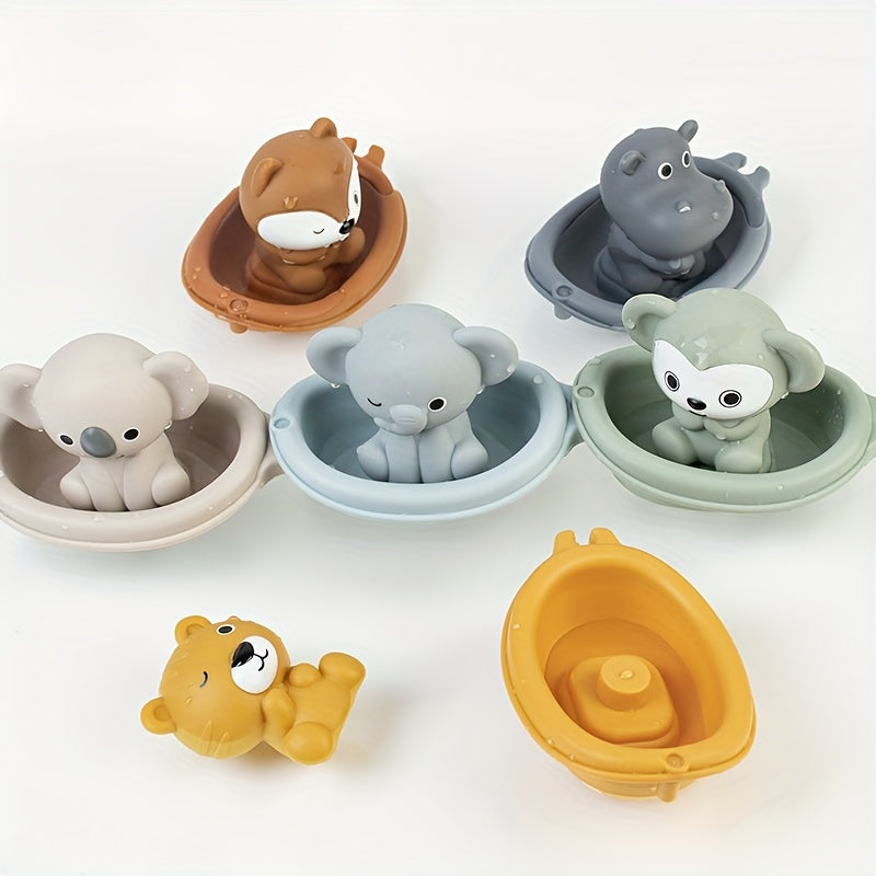 Floating boat toy for the bath, featuring animal finger covers for young children to play with in the water. Stackable and fun for youngsters.