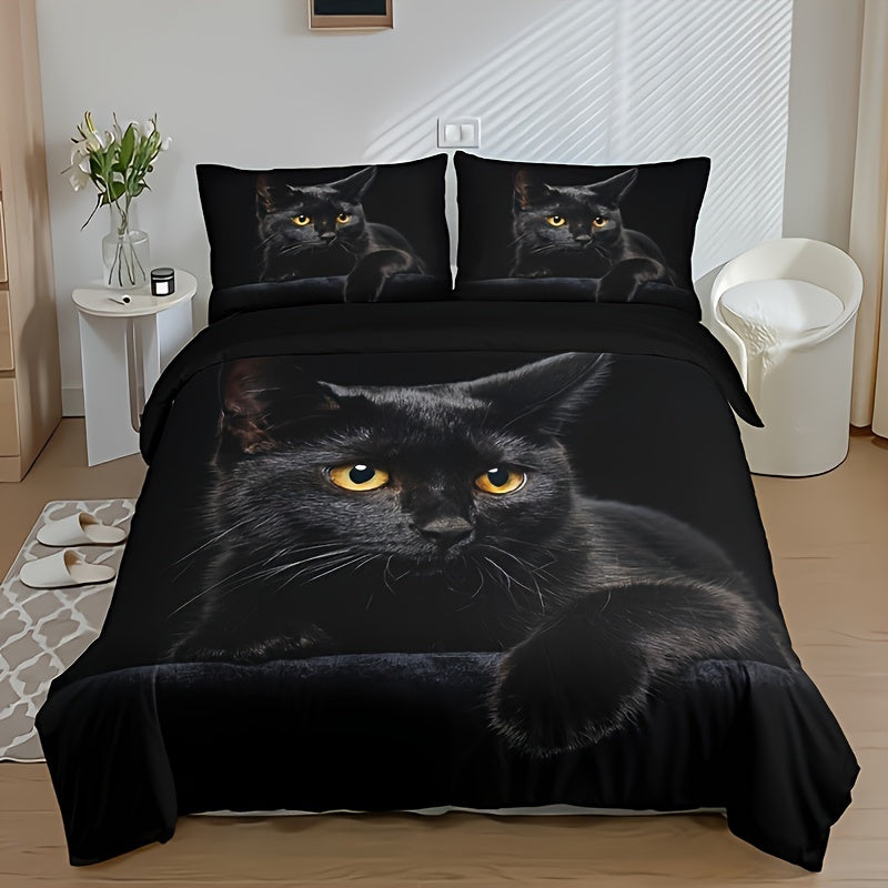 Dress up your bedroom or guest room with this stylish 3-piece Duvet Cover Set featuring a trendy 3D Black Cat print. Set includes 1 Duvet Cover and 2 Pillowcases (Core not included), providing all-season comfort. Made of soft and comfortable fabric