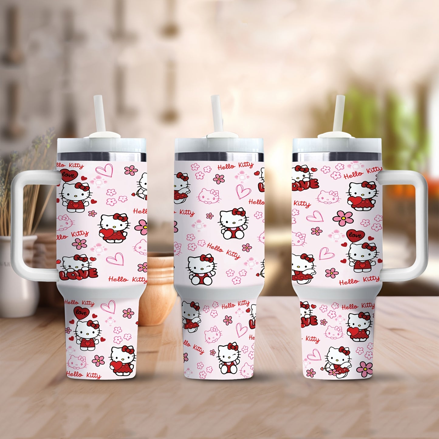 1pc Sanrio Hello Kitty 40oz Stainless Steel Tumbler with Handle, Insulated Travel Mug with Straw, BPA-Free, Hand Wash Only, Round Shape, Christmas Gift for Family and Friends