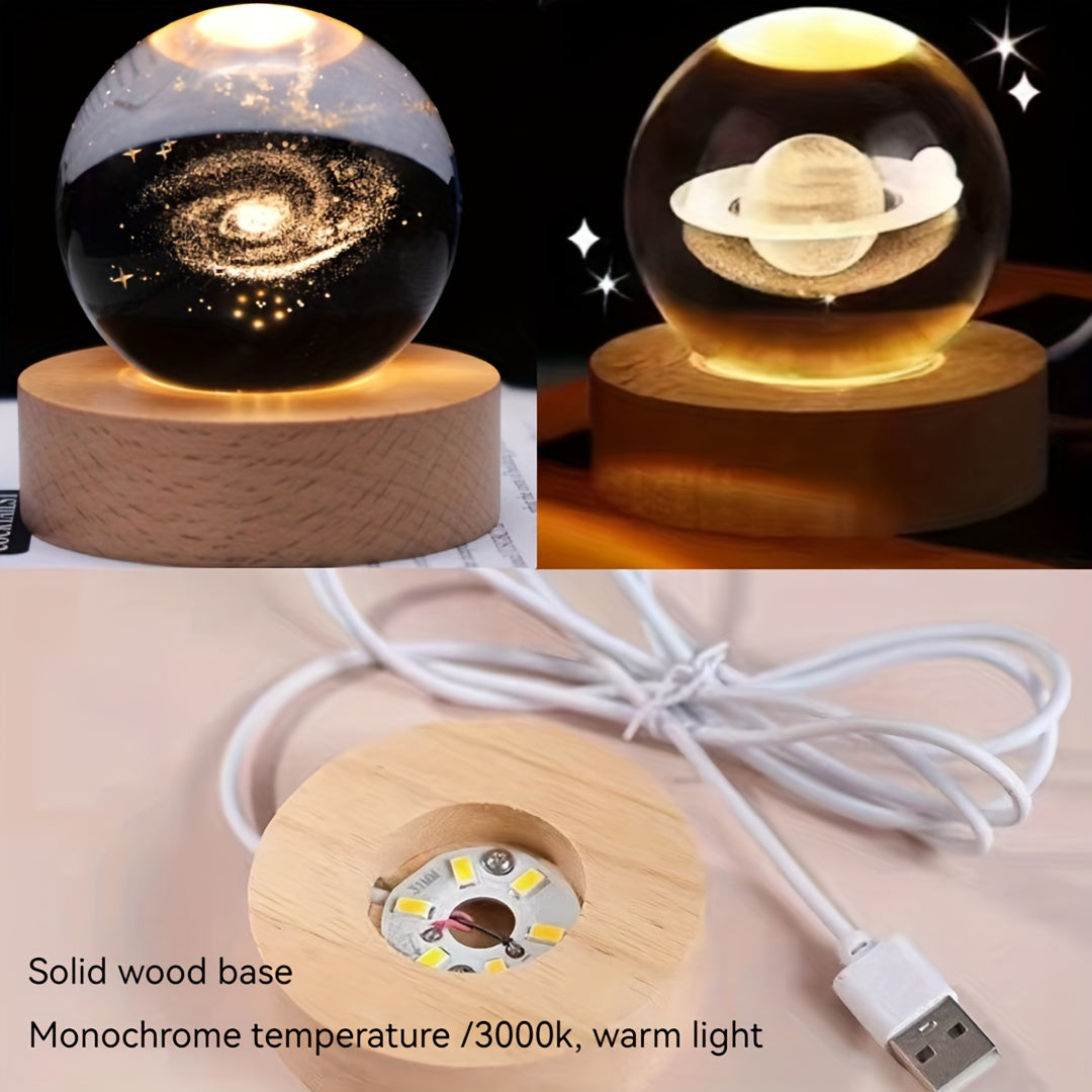 USB-powered crystal ball night light with wooden base, LED tabletop lamp for bedroom, energy efficient uplight with countertop mounting, accessory included, no battery needed.