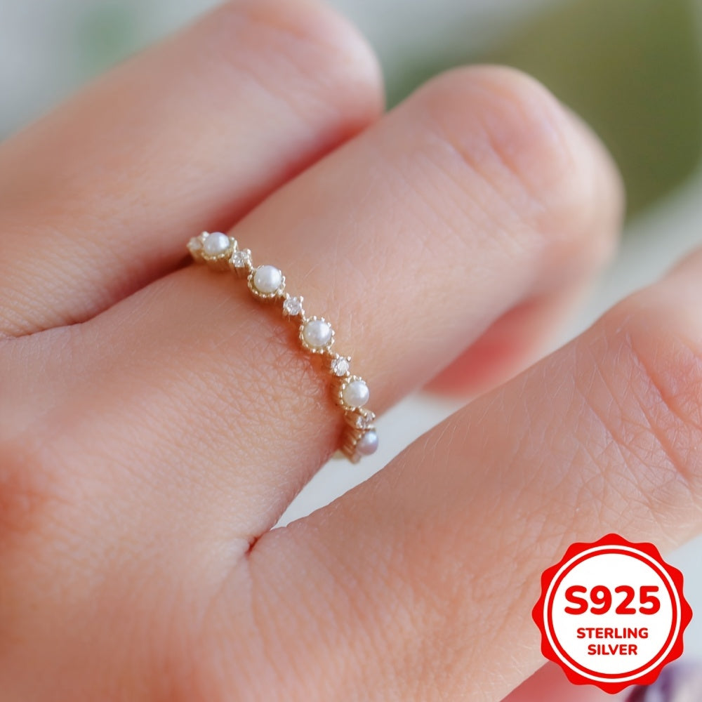 Elegant Gift for Women: 1.6G S925 Sterling Silver Minimalist Ring with Natural Pearl and Small Zirconia on a Gold-Plated Band, Perfect for Valentine's Day or Birthday Party