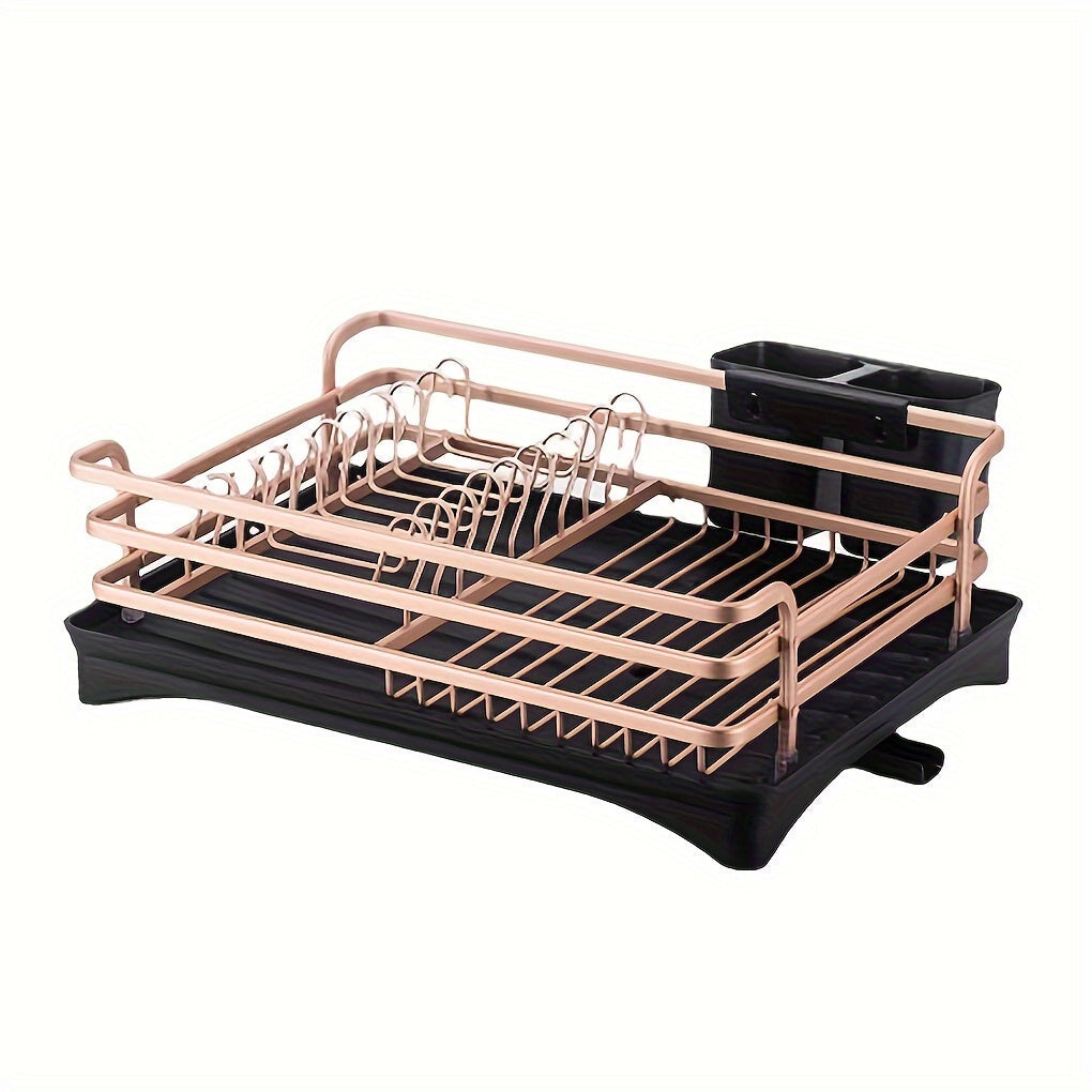 Durable Aluminum Dish Drying Rack with Cutlery Holder, Drip Tray, and Kitchen Storage Organizer - Ideal for Plates, Utensils, and Gadget Set for all Occasions - Non-Electric and Versatile Solution for Holiday Cooking