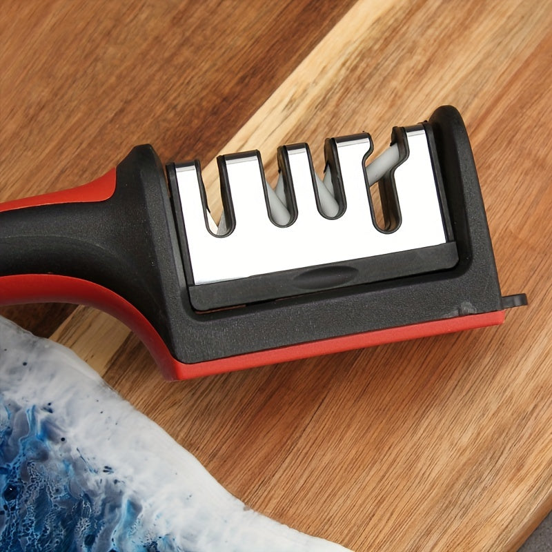 Portable 4-in-1 knife sharpener for kitchen and outdoor use, no power required.