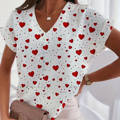 Women's Summer Casual V-Neck T-Shirt with Red Heart Print, Short Sleeve, Breathable Polyester Blend - Lightweight & Machine Washable, Playful Heart Pattern, Smooth Texture.