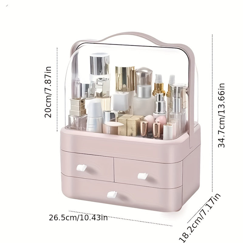 Makeup organizer with drawer for storing supplies and keeping jewelry, skincare products, and lipsticks tidy.