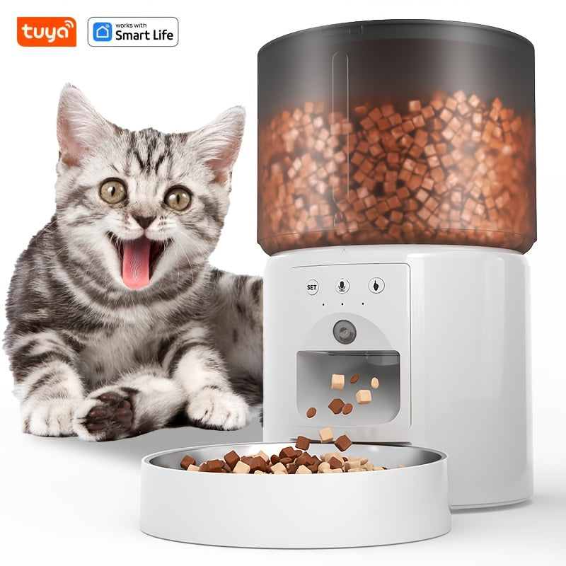 Automatic cat feeder with timed and quantitative feeding, large grain storage capacity, video and voice interactive features, three versions available, keeps food dry.