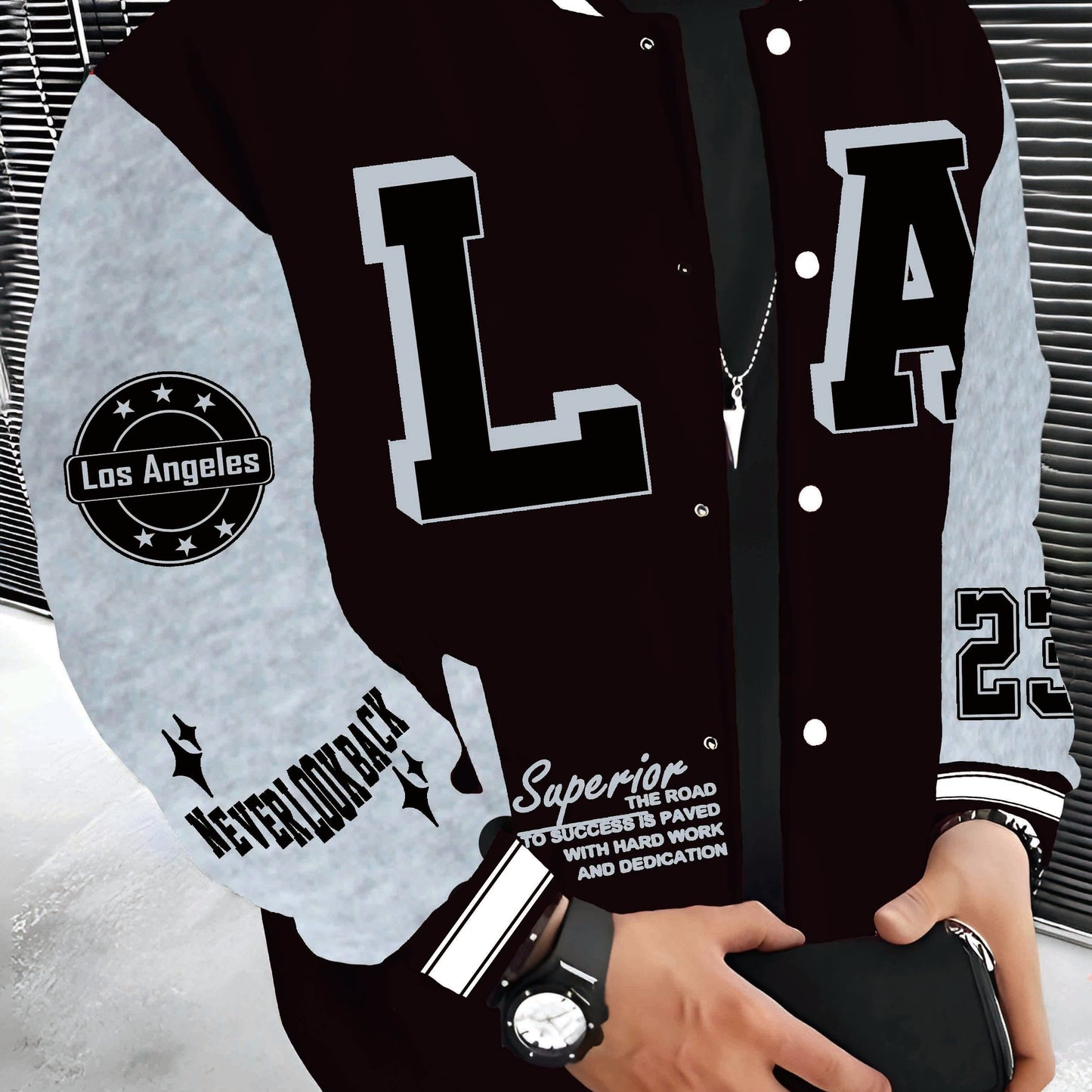 Men's LA Baseball Jacket in red and black with white lettering, "SUPERIOR QUALITY" embroidery. Made of lightweight and warm polyester with pockets, featuring a hip hop rock style.