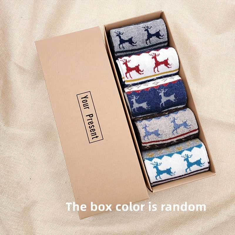 5 pairs of men's warm and comfortable wool socks, boxed for gifting.