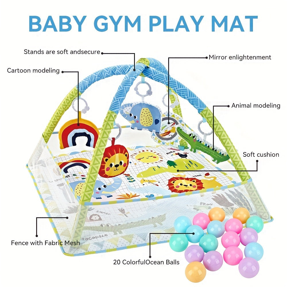 Assembly required, this infant activity center play gym features a multifunctional fence, cloth mat with a jungle animal theme, soft hanging toys, and an educational playmat suitable for newborns up to 3 years old. This would make an ideal gift for