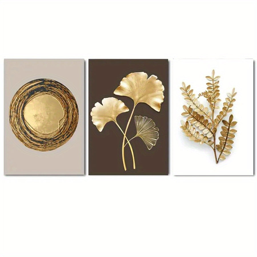 Modern luxury circle golden leaf wall art, printed canvas poster for home decor gift; no frame included.