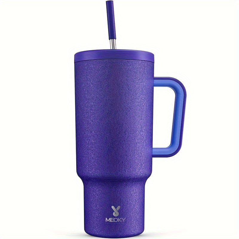 Stainless steel tumbler with lid and straw, leakproof and BPA-free for hot/cold drinks, ideal for camping, hiking, and driving.