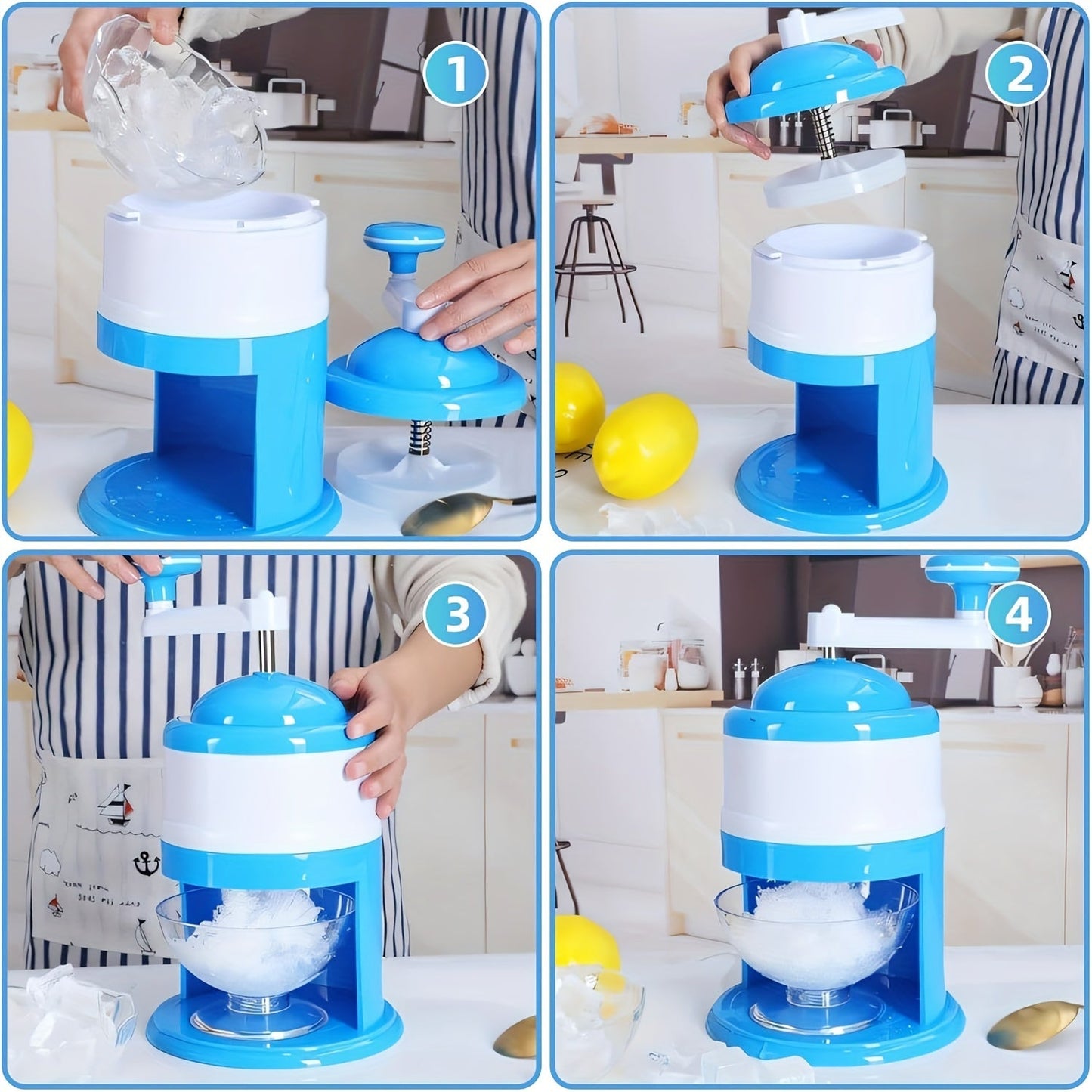 Stay cool this summer with the Portable Snow Cone & Shaved Ice Maker! This hand crank machine is made of durable ABS plastic in blue and white colors. Perfect for summer parties and home use, this machine requires no electricity to operate.