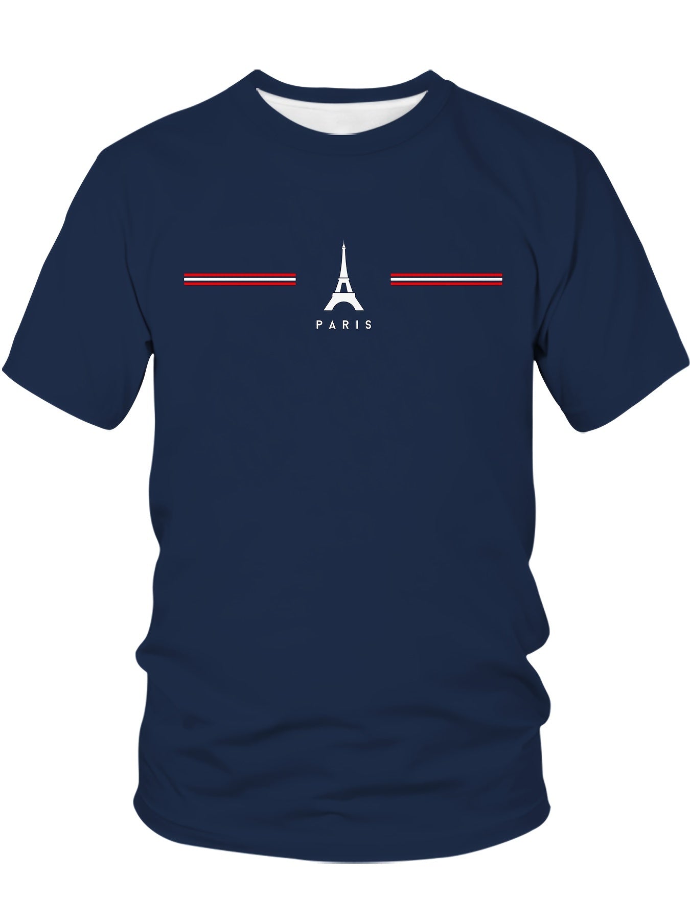 HXMRBY Men's plus size sports T-shirt with 3D Eiffel Tower print, short sleeves, round neck, striped polyester fabric, and regular fit.